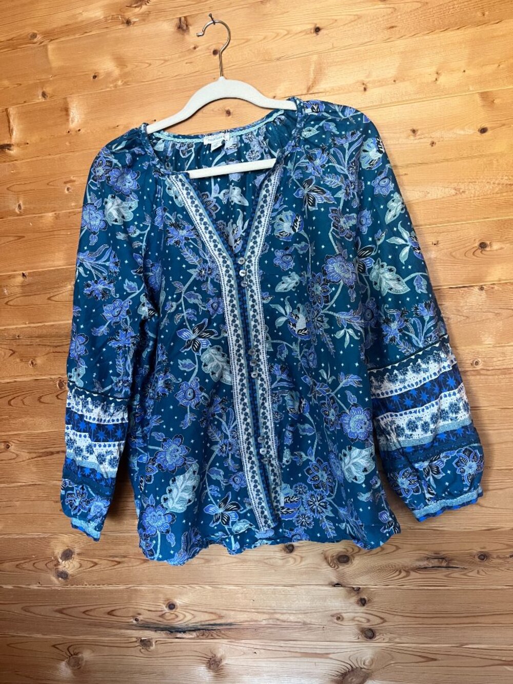 Sundance - Blue Bohemian Peasant Blouse, Size M, 75% cotton 25% silk